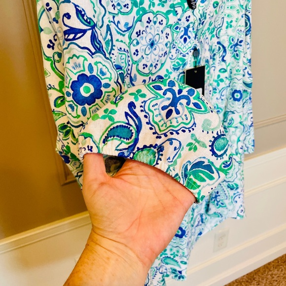 Jones New York NWT 3X Linen Blend Top Blouse Blue Green Medallion Tunic $79 - Picture 5 of 7